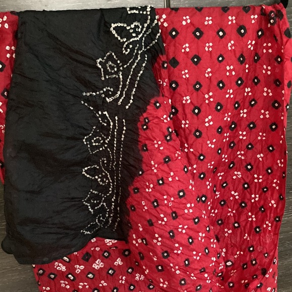 Fabindia Silk Red Scarf with White & Black Diamond Pattern & Black Ends - Picture 3 of 10